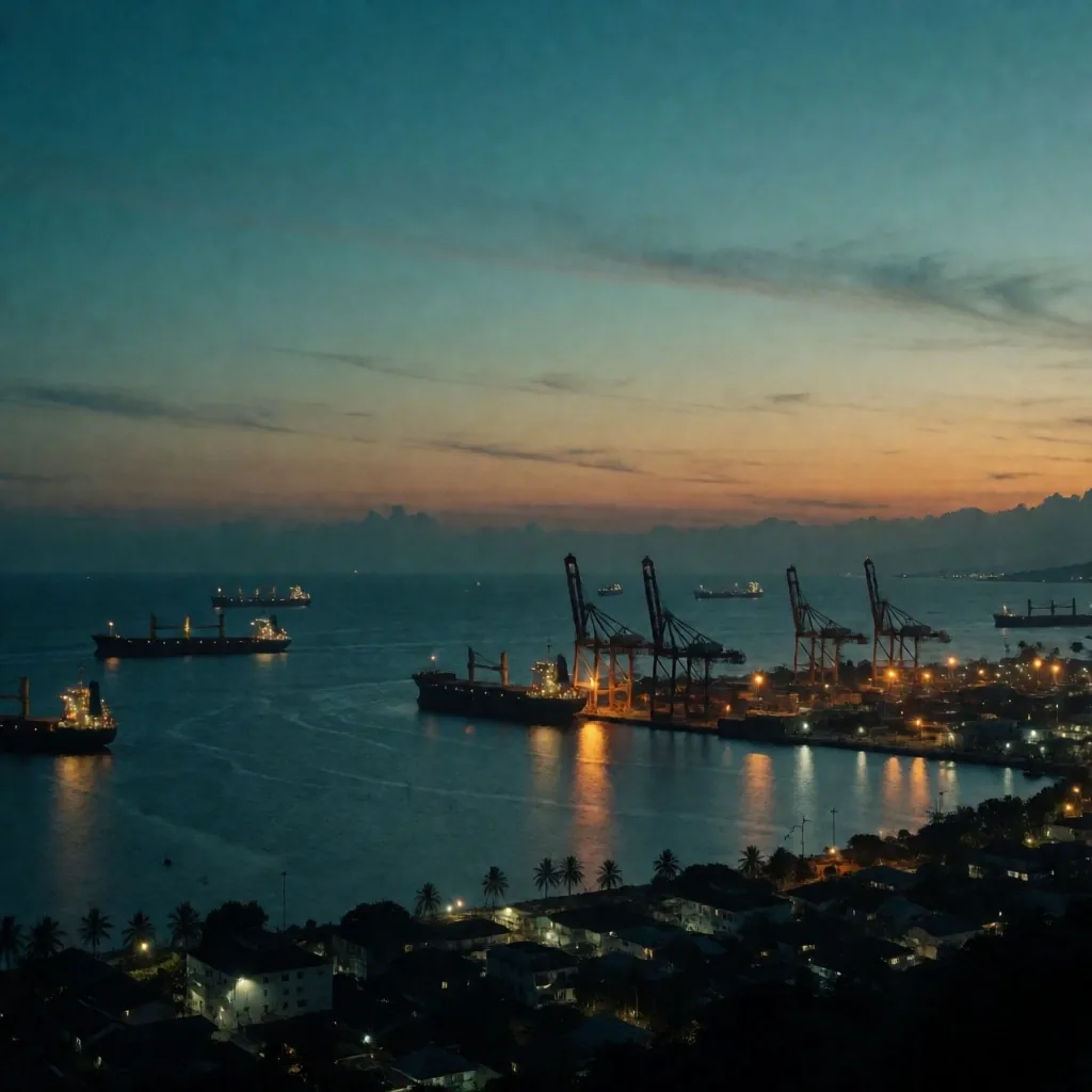 Balikpapan harbor at dusk showing the local landscape
