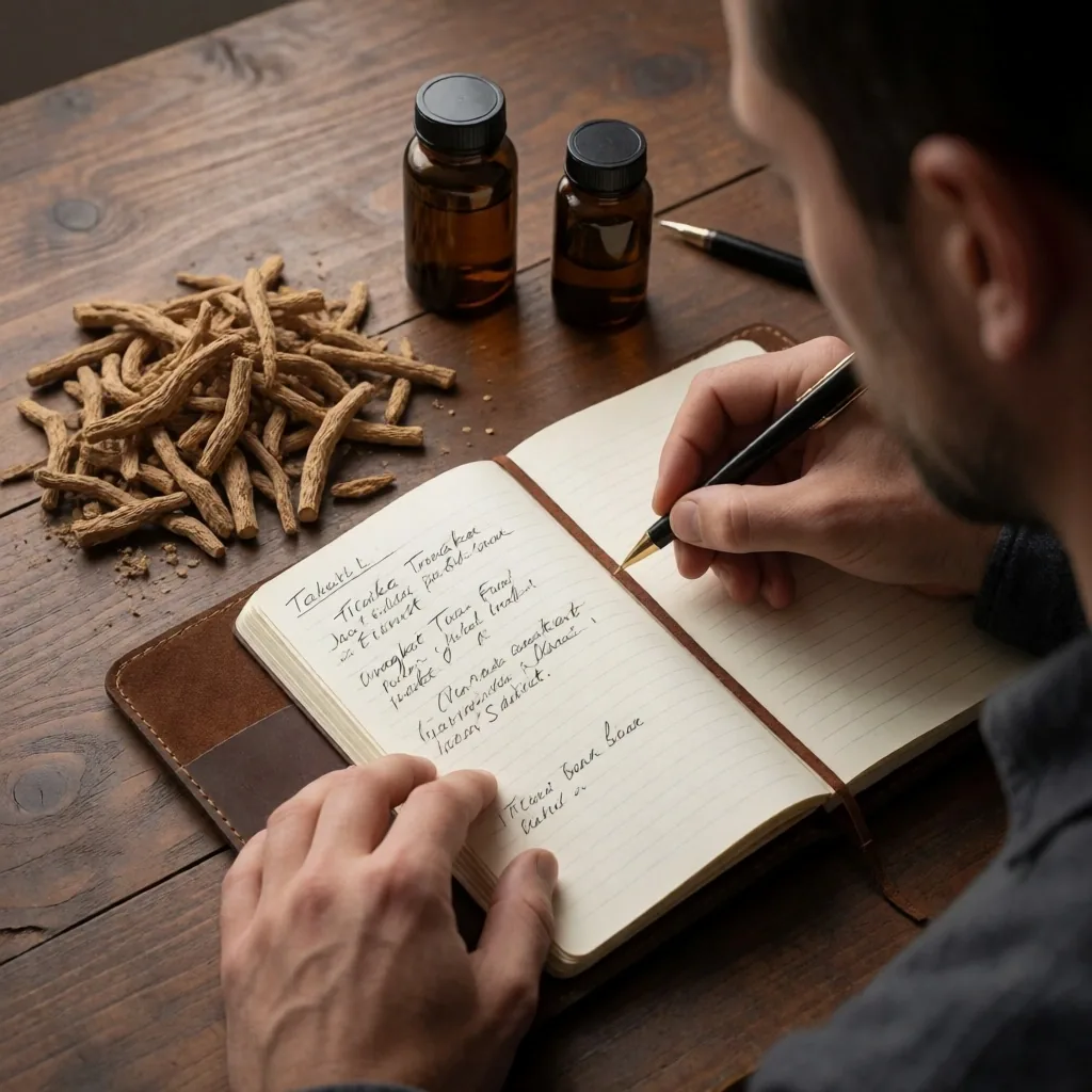Editorial workspace with herbal supplement research notes