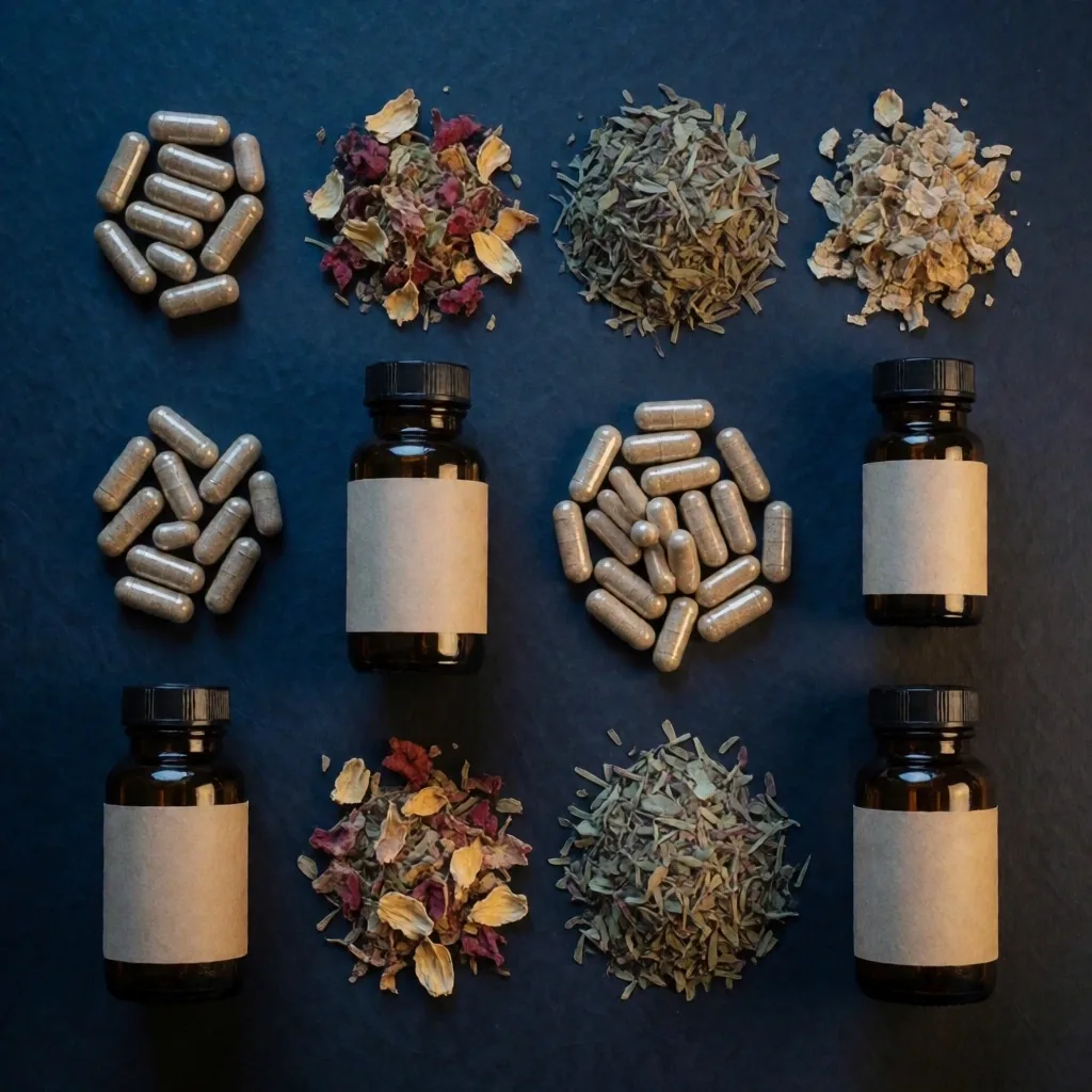 Natural supplement capsules and botanical ingredients arranged on a dark surface