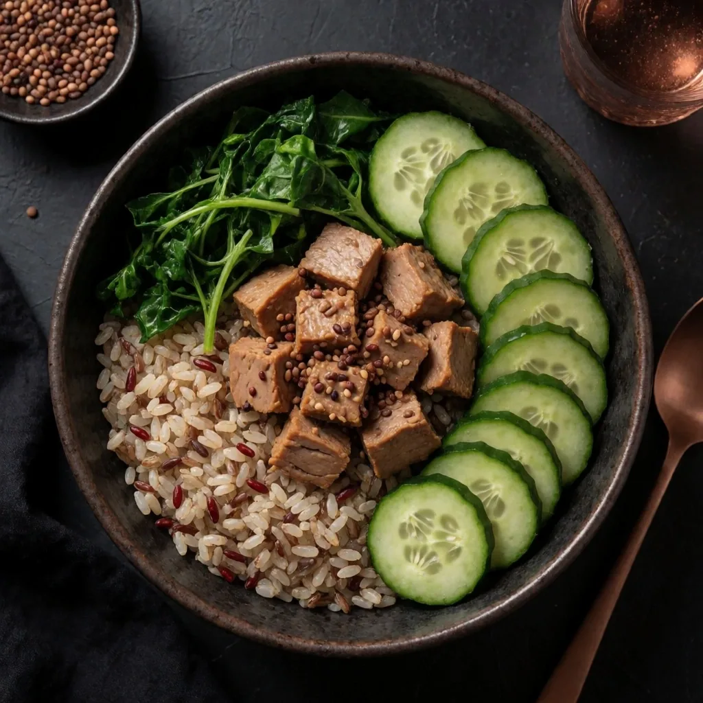 Balanced meal with rice, chicken, and vegetables on a dark plate, overhead