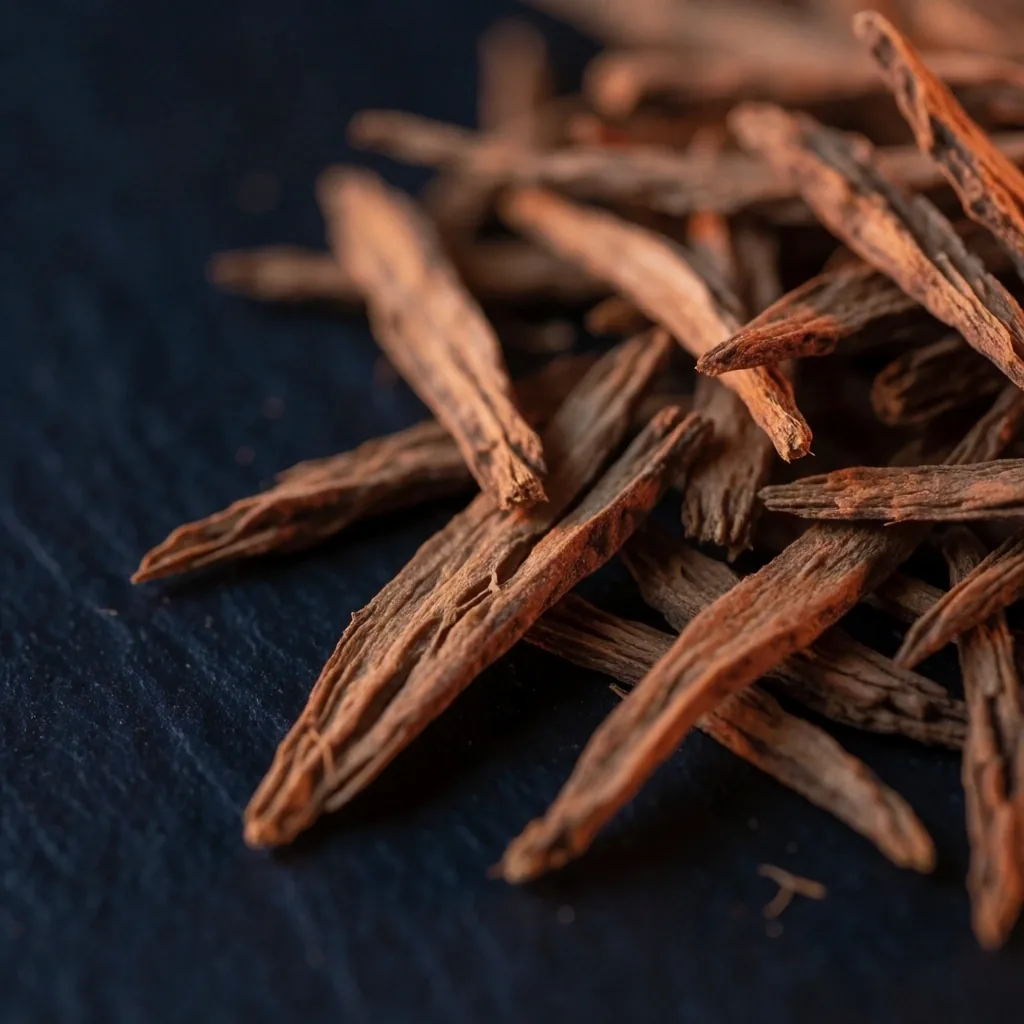 Dried pasak bumi root on a dark surface under warm lighting