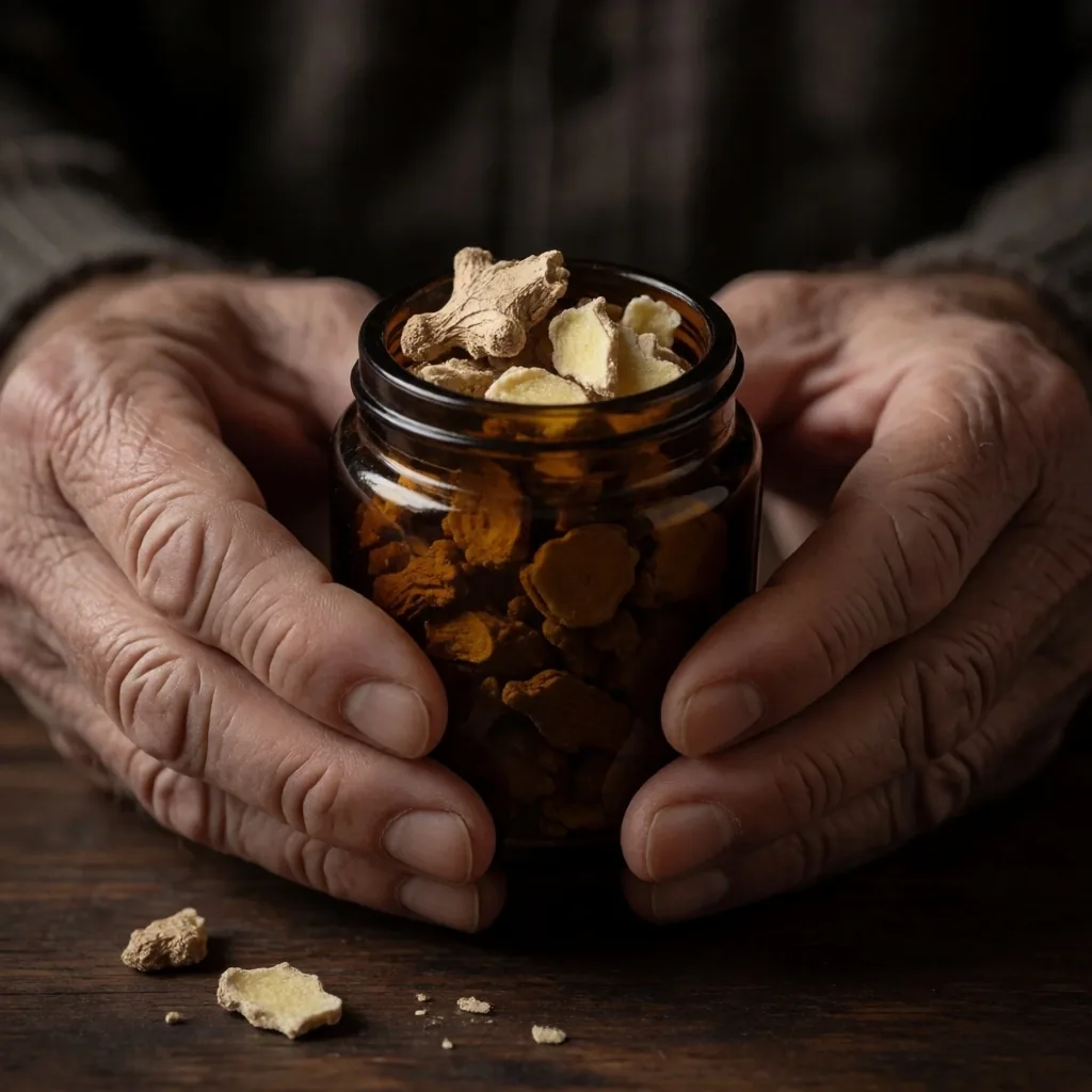 Hands holding a jar of dried botanical ingredients