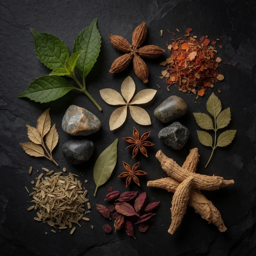 Raw Indonesian botanical ingredients on a dark surface