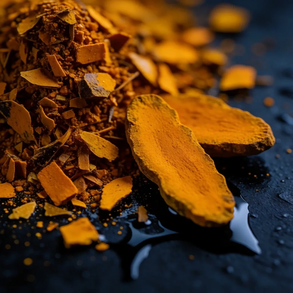 Raw ginger and turmeric on copper surface under dramatic lighting