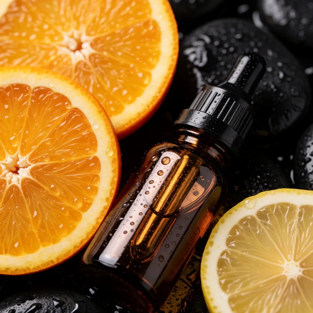 Citrus fruit and vitamin D oil on dark stone